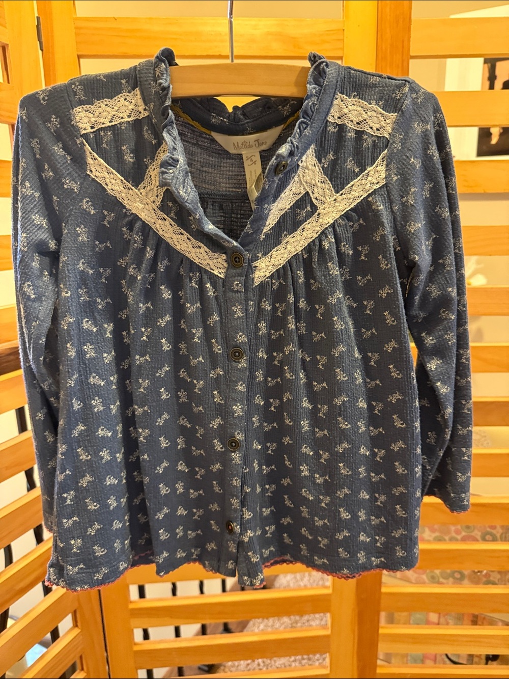 Matilda Jane Blue Button-Up Top with White Lace
